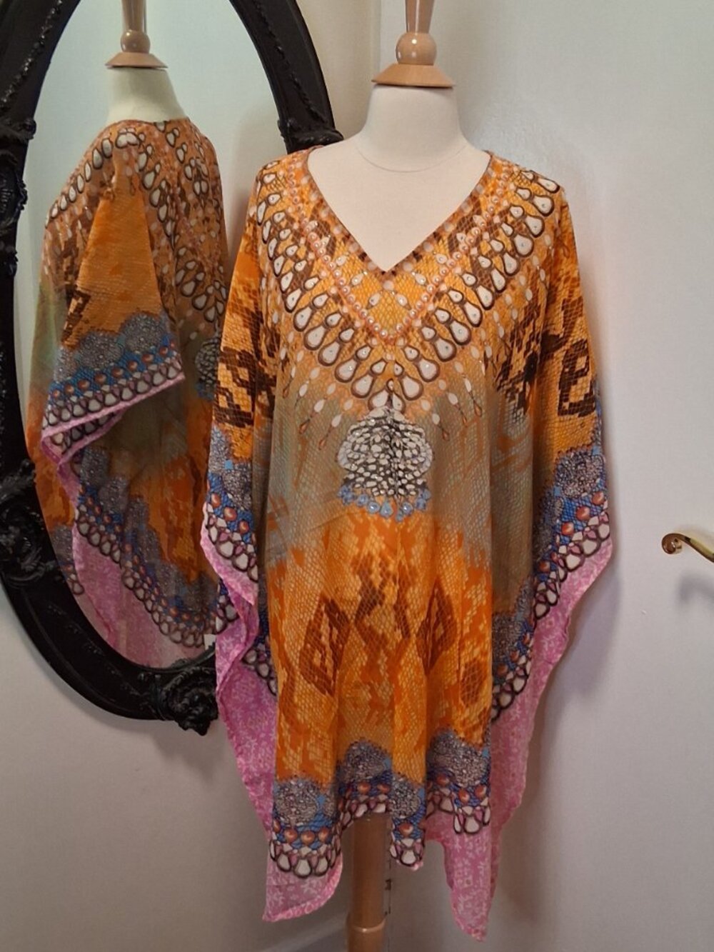 Beach Coverup kaftan Rhinestones Colorful one size NWOT